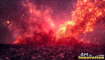 Across a dark rocky ground, bright red and orange smoke rises into sparks