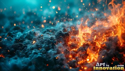 Burning through dark ash, brilliant orange flames scatter sparks into blue smoke