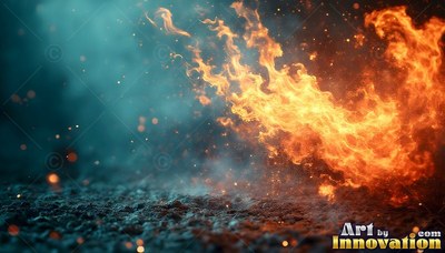 Bright fire sweeping across dark gravel into blue smoke