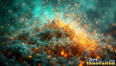 Bright sparks scattering over rough green sand beneath warm golden light