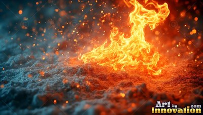 Bright yellow flames rise from dark sand with soft orange sparks against blue shadows