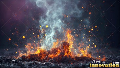 Rising low from dark ground, fiery orange flames cast pale blue smoke
