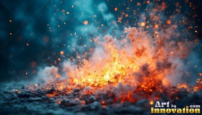 Orange sparks and smoke burst from ground level against deep blue