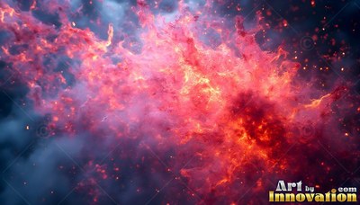 In dark smoke, bright red fire and sparks burst across the sky
