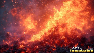 Rising from a dark mound, vivid orange fire casts sparks into a smoky haze