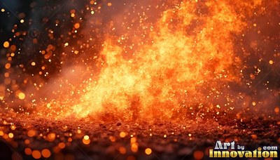 Vivid orange sparks burst from roaring fire spread across dark rocky ground