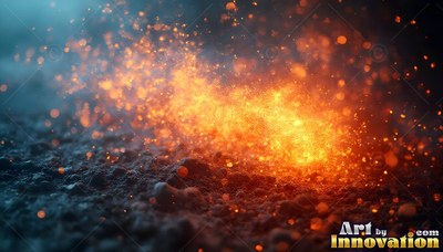 Bright sparks scatter across dark rough ground with a burst of warm orange light