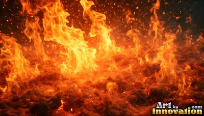 Rising straight up from hot coals, bright orange flames fill a dark space