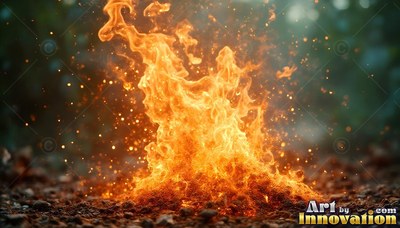 A fiery orange fire blazes on the dark ground with sparks flying up