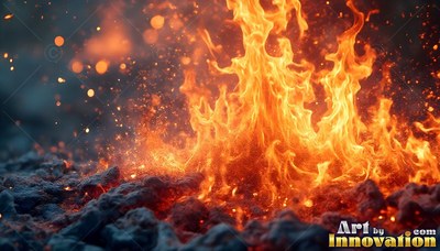 Across dark rough ground, bright orange flames rise with tiny sparks in the air