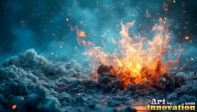 A small fire burning on gray ash in blue light