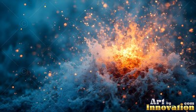 Bold orange sparks erupt from white ocean foam against a shadowy blue background