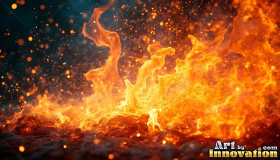 Bright flames leap upward from dark ground, throwing tiny yellow sparks into the air