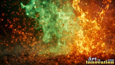 Rising straight up from dark ground, green smoke meets bold orange fire with flying sparks