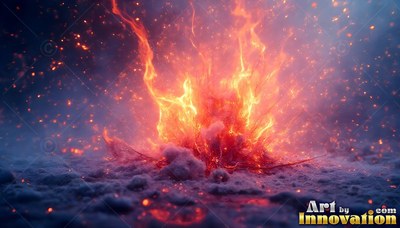 Bright orange fire bursts up through smoke and sparks over dark ice