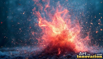 On a navy blue ground, orange flames burst upward with flying sparks