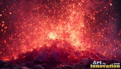 Bursting into the dark, bright orange sparks scatter over a mound of hot ash