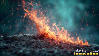 Orange flames burn along dark ground into smoke