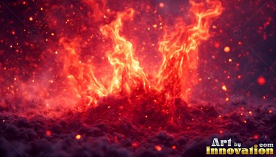 Bright flames burst upward from dark red ground, throwing bright orange sparks into the air