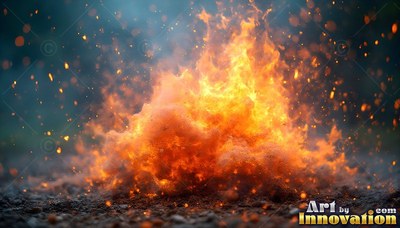 Rising upward from the ground, bright orange fire bursts with sparks
