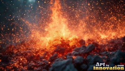 Vivid orange sparks burst up from dark volcanic rocks