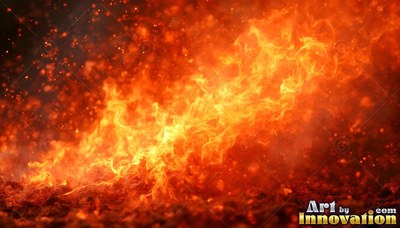 Across a dark ground, bright orange and yellow fire burns with rising sparks