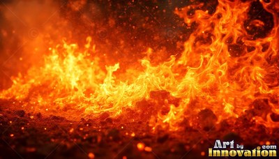 Burning across dark ground, brilliant orange fire kicks up tiny sparks
