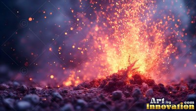 Bold orange sparks erupt from a small mound of dark dirt