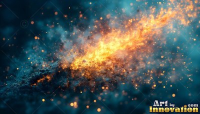 Bright yellow flames burst across navy blue ash with floating orange sparks