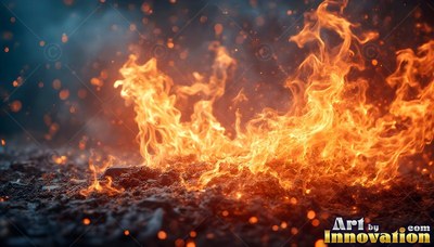 Flames rise from dark ground, throwing bright orange light into smoke