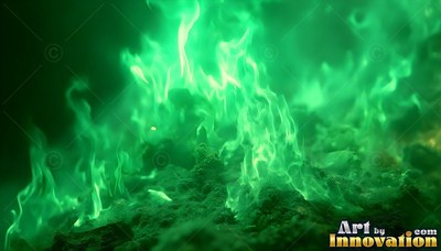 Rising straight up from dark ground, bright green flames burn in the dark