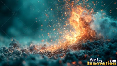 Orange fire and smoke burst out of rough ground covered in dark blue dust