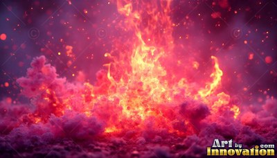 In a purple haze, bright yellow fire rises from pink clouds