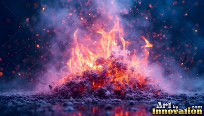 Burning in the dark, a pile of ash sends brilliant orange flames and sparks into blue mist