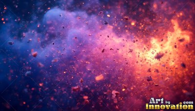 Sparks and small rocks flying through purple smoke and orange fire