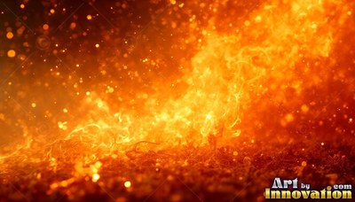 Fiery orange sparks rise from curling fire along dark ground in warm light