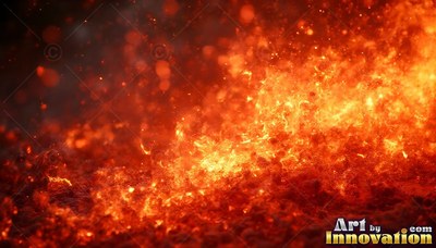 Fl ames rise from a burning bed of coals with orange sparks flying into the dark air