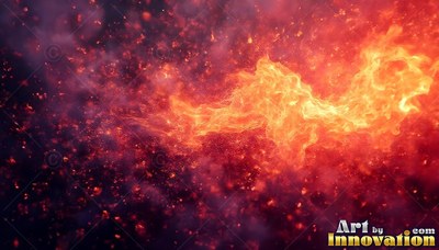 Trailing horizontally across a dark night sky, vivid orange flames burst