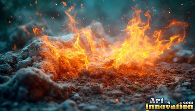 Fiery orange flames burn across rough dark ground with floating sparks