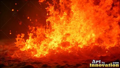 In the dark, fiery orange flames burst upward across uneven ground
