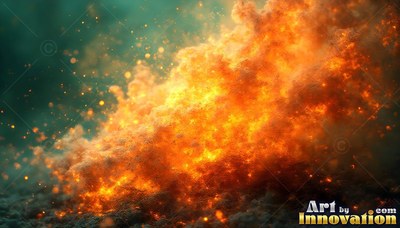 Rising in orange clouds, a burst of bright fire throws sparks over dark ground
