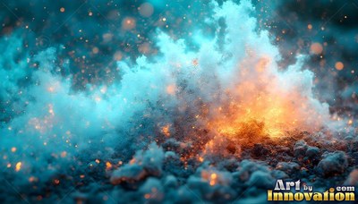 Blue smoke and orange sparks mix over rough ground