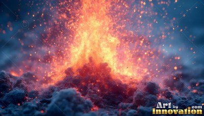 Orange sparks burst upward from a small pile of dark ash into a hazy blue space