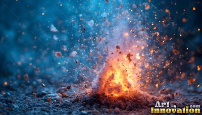 Loose dirt and fiery sparks burst upward from the ground in fiery orange light