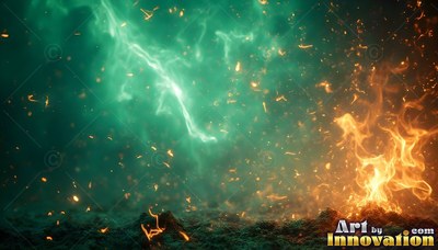 Flames rise from dark ground beside green lightning and bright sparks