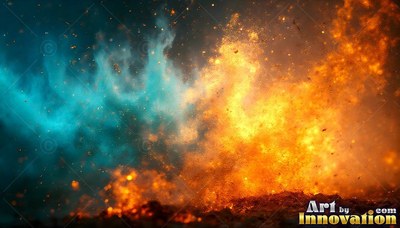 Fiery orange flames and blue smoke clash over dark ashes