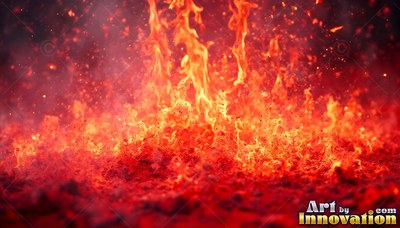Across dark ground, brilliant orange flames rise from hot red coals
