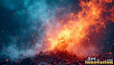 Bright orange flames rising from dark ground into blue smoke