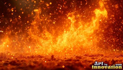 Bright orange sparks fly over a burning fire on dark ground under hazy warm light