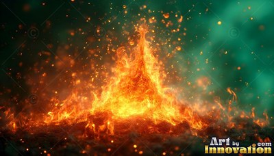A pile of fire erupts into bright sparks against a dark green backdrop